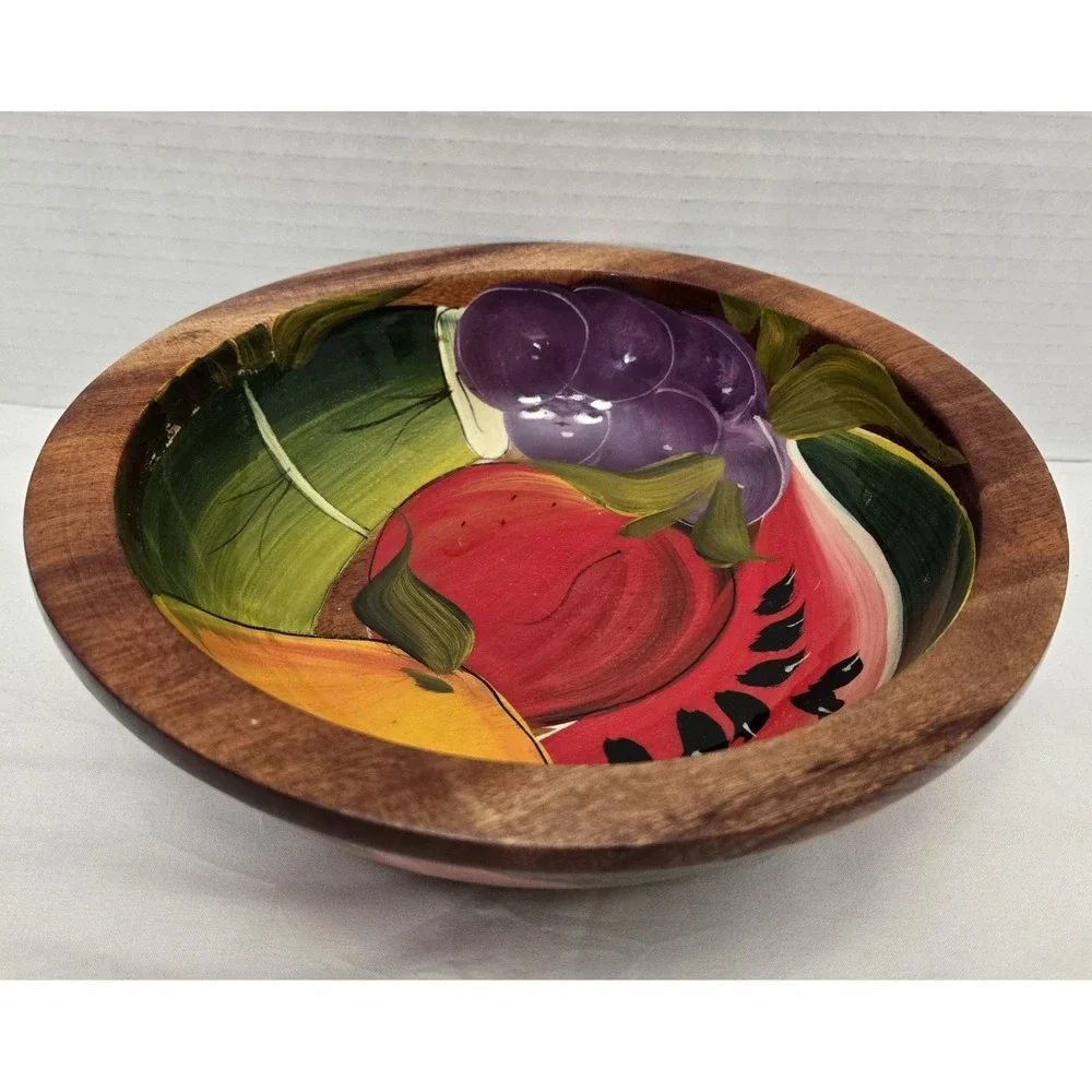Vtg Hand Painted Mexican Wood Bowl Vibrant Fruit Folk Art Olinala Style Signed